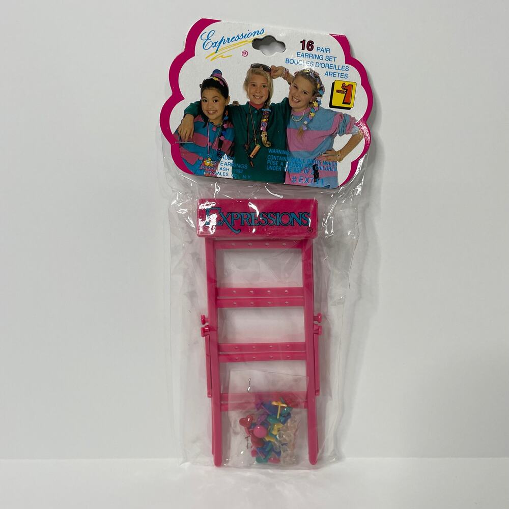 Vintage 90s Y2K Expressions Plastic Earrings 16 Pairs with Ladder Caddy New Pink